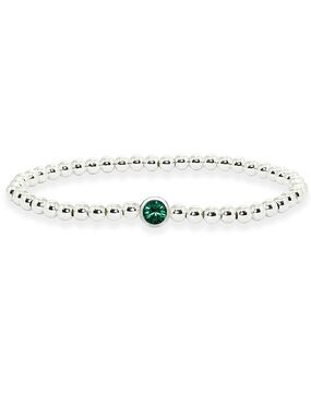 Sterling Silver Polished Beads Stretch Bracelet Made Of Green Swarovski Crystal